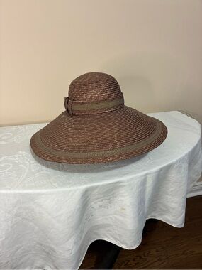 Mazzanti Wide-Brim Straw Sun Hat in Brown with Olive Trim